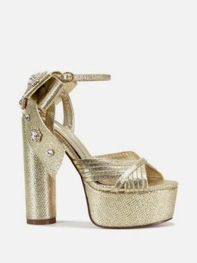 Metallic Gold Platform Heel Sandals with Crystal Bow Ankle Strap